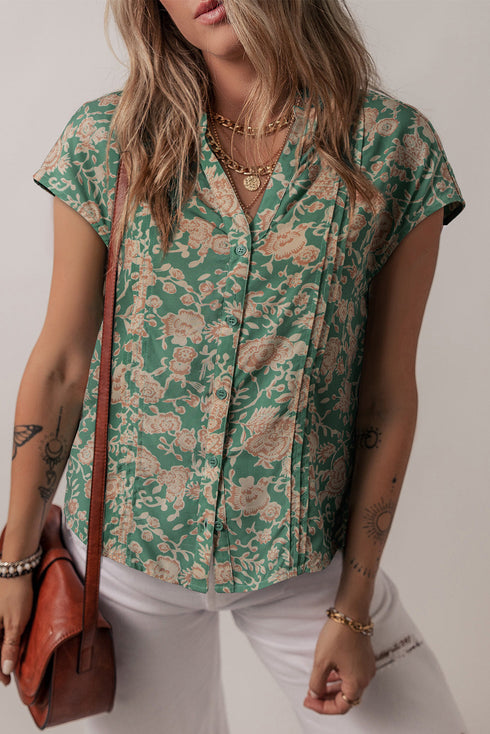 Pleated Floral Print Button Front Short Sleeve Viscose Blouse