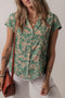 Pleated Floral Print Button Front Short Sleeve Viscose Blouse
