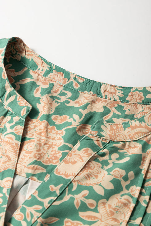 Pleated Floral Print Button Front Short Sleeve Viscose Blouse