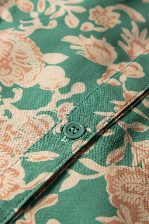 Pleated Floral Print Button Front Short Sleeve Viscose Blouse