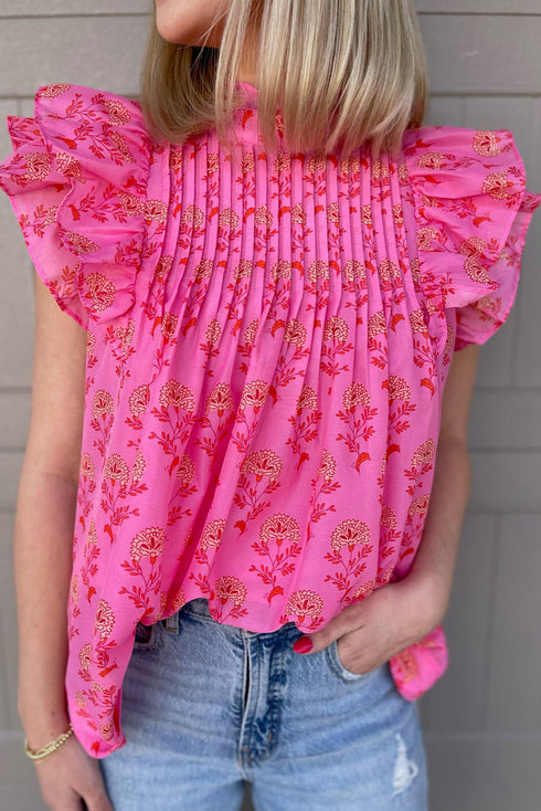 Pleated Floral Print Flutter Sleeve Round Neck Blouse