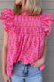 Pleated Floral Print Flutter Sleeve Round Neck Blouse