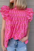 Pleated Floral Print Flutter Sleeve Round Neck Blouse