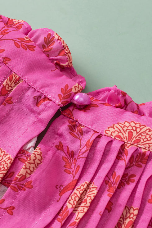 Pleated Floral Print Flutter Sleeve Round Neck Blouse