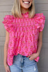 Pleated Floral Print Flutter Sleeve Round Neck Blouse