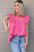 Pleated Floral Print Flutter Sleeve Round Neck Blouse