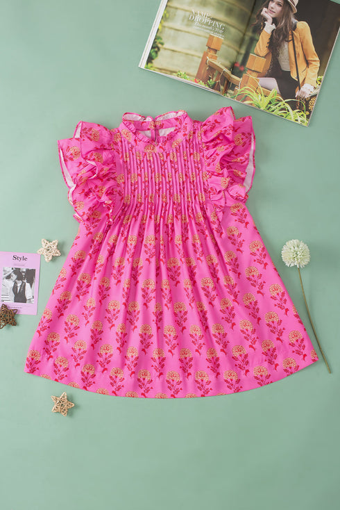 Pleated Floral Print Flutter Sleeve Round Neck Blouse