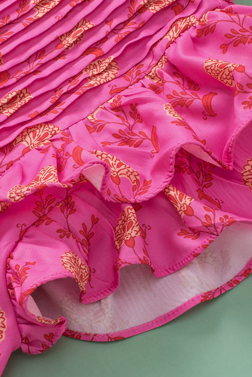 Pleated Floral Print Flutter Sleeve Round Neck Blouse