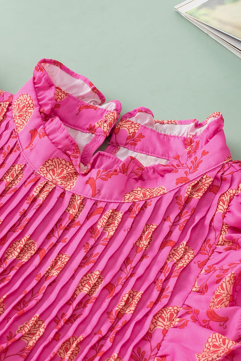 Pleated Floral Print Flutter Sleeve Round Neck Blouse