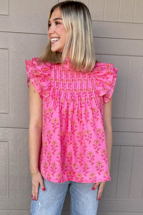 Pleated Floral Print Flutter Sleeve Round Neck Blouse