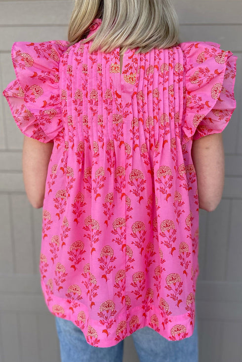 Pleated Floral Print Flutter Sleeve Round Neck Blouse