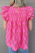 Pleated Floral Print Flutter Sleeve Round Neck Blouse