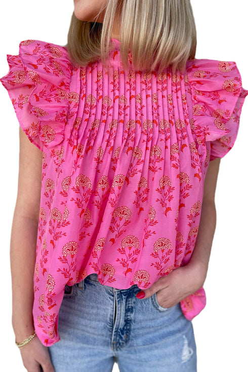 Pleated Floral Print Flutter Sleeve Round Neck Blouse