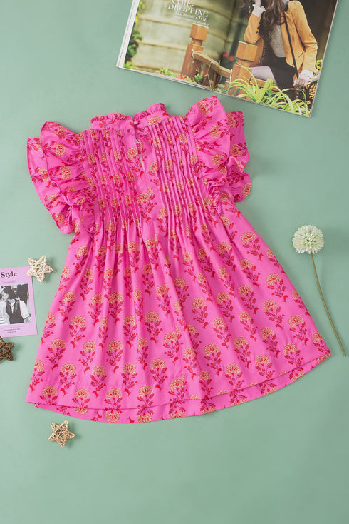 Pleated Floral Print Flutter Sleeve Round Neck Blouse