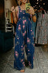 Pleated High Waist Floral Wide Leg Denim Jumpsuit
