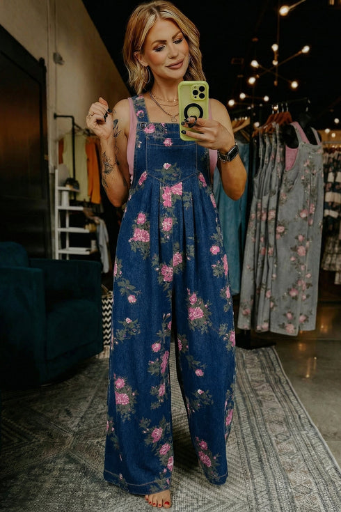 Pleated High Waist Floral Wide Leg Denim Jumpsuit