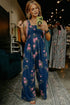 Pleated High Waist Floral Wide Leg Denim Jumpsuit