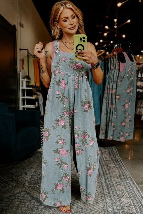 Pleated High Waist Floral Wide Leg Denim Jumpsuit