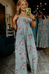 Pleated High Waist Floral Wide Leg Denim Jumpsuit