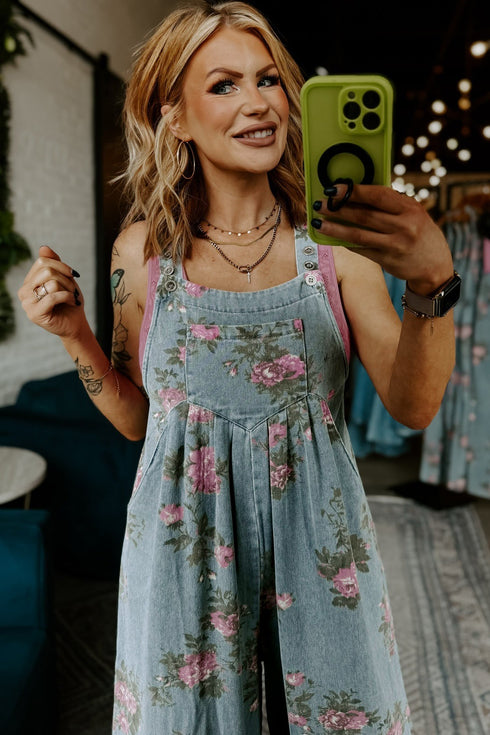 Pleated High Waist Floral Wide Leg Denim Jumpsuit