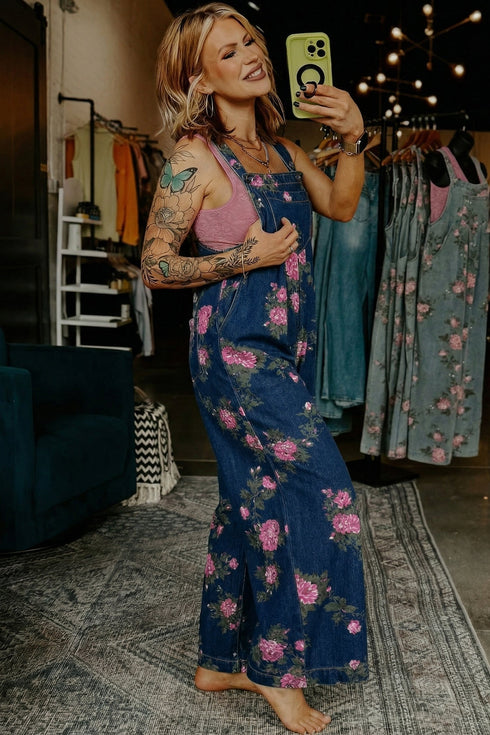 Pleated High Waist Floral Wide Leg Denim Jumpsuit