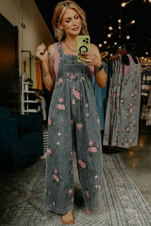 Pleated High Waist Floral Wide Leg Denim Jumpsuit