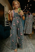 Pleated High Waist Floral Wide Leg Denim Jumpsuit