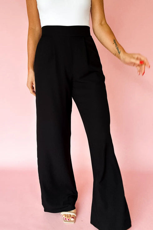 Pleated High Waist Pull On Wide Leg Pants