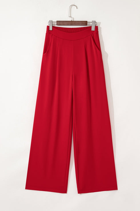 Pleated High Waist Pull On Wide Leg Pants