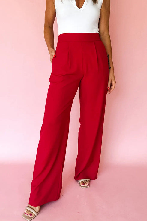 Pleated High Waist Pull On Wide Leg Pants