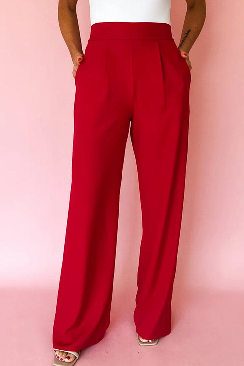 Pleated High Waist Pull On Wide Leg Pants