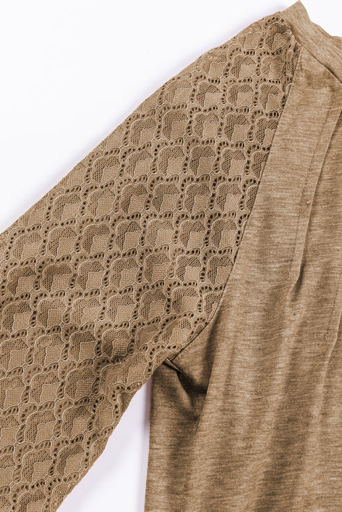 Pleated Neckline Knit Bodice Lace Sleeve Top