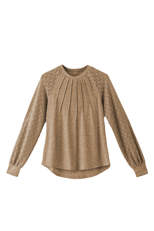 Pleated Neckline Knit Bodice Lace Sleeve Top