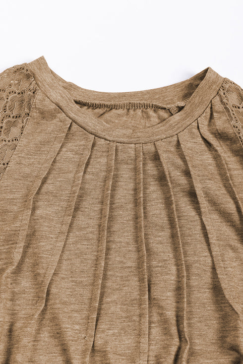Pleated Neckline Knit Bodice Lace Sleeve Top