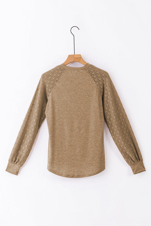 Pleated Neckline Knit Bodice Lace Sleeve Top