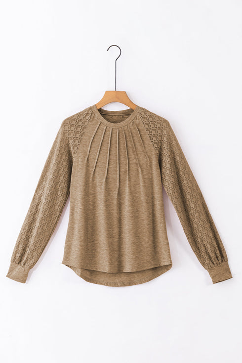 Pleated Neckline Knit Bodice Lace Sleeve Top