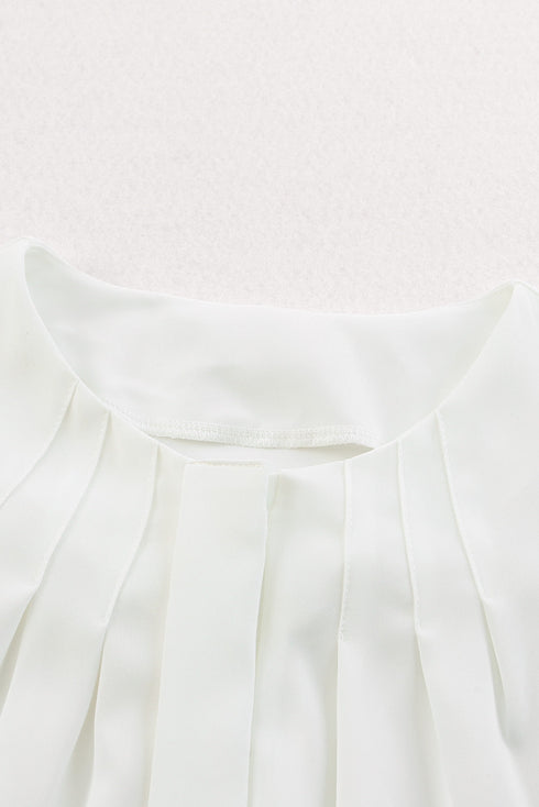Pleated Neckline Long Sleeve Bishop Cuff Blouse