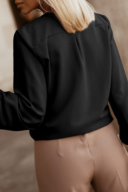 Pleated Neckline Long Sleeve Bishop Cuff Blouse
