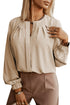 Pleated Neckline Long Sleeve Bishop Cuff Blouse