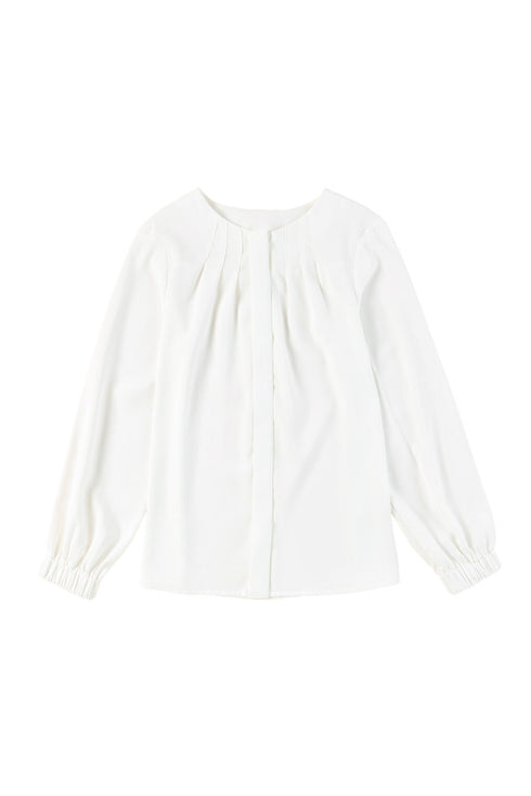 Pleated Neckline Long Sleeve Bishop Cuff Blouse