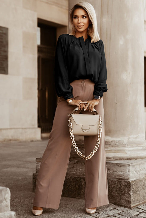 Pleated Neckline Long Sleeve Bishop Cuff Blouse