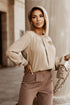 Pleated Neckline Long Sleeve Bishop Cuff Blouse