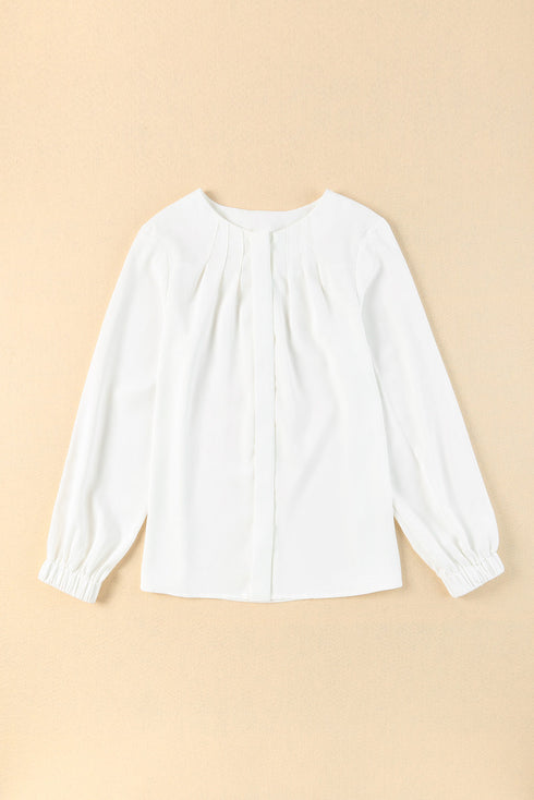 Pleated Neckline Long Sleeve Bishop Cuff Blouse