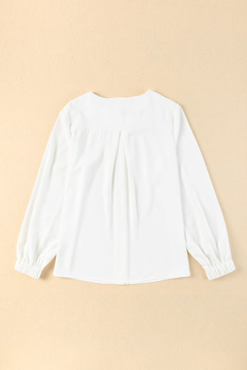 Pleated Neckline Long Sleeve Bishop Cuff Blouse
