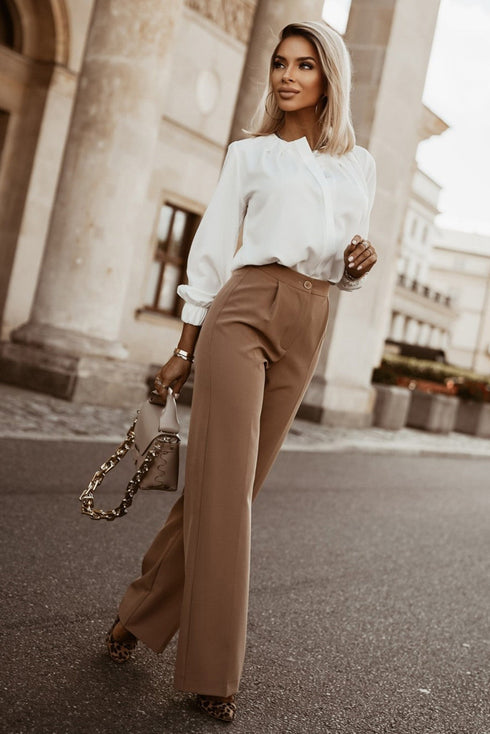 Pleated Neckline Long Sleeve Bishop Cuff Blouse