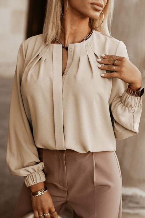 Pleated Neckline Long Sleeve Bishop Cuff Blouse