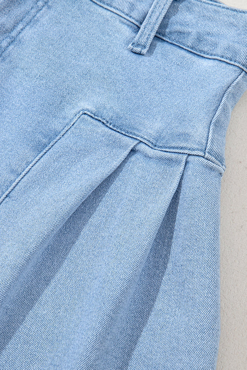 Pleated Patchwork Lightweight Wide Leg Denim Shorts