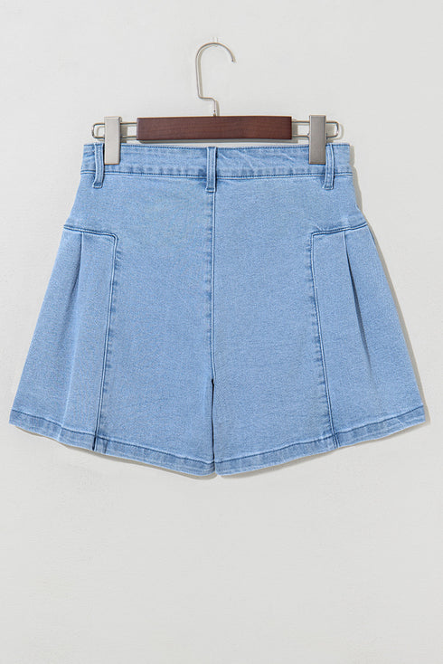 Pleated Patchwork Wide Leg Lightweight Denim Shorts