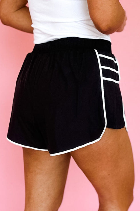 Pleated Piped Trim Sporty Active Casual Shorts