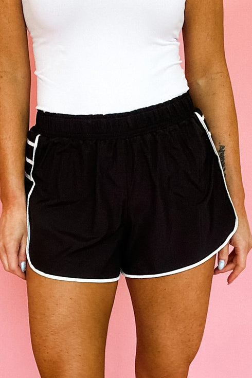 Pleated Piped Trim Sporty Active Casual Shorts